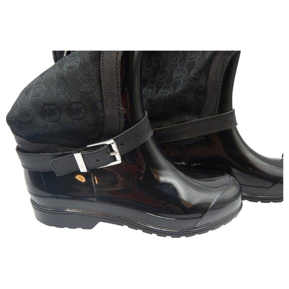 Michael Kors Fulton Fur Trim Monogram Jacquard Rubber Knee High Rainboot Black 7 - Picture 9 of 12